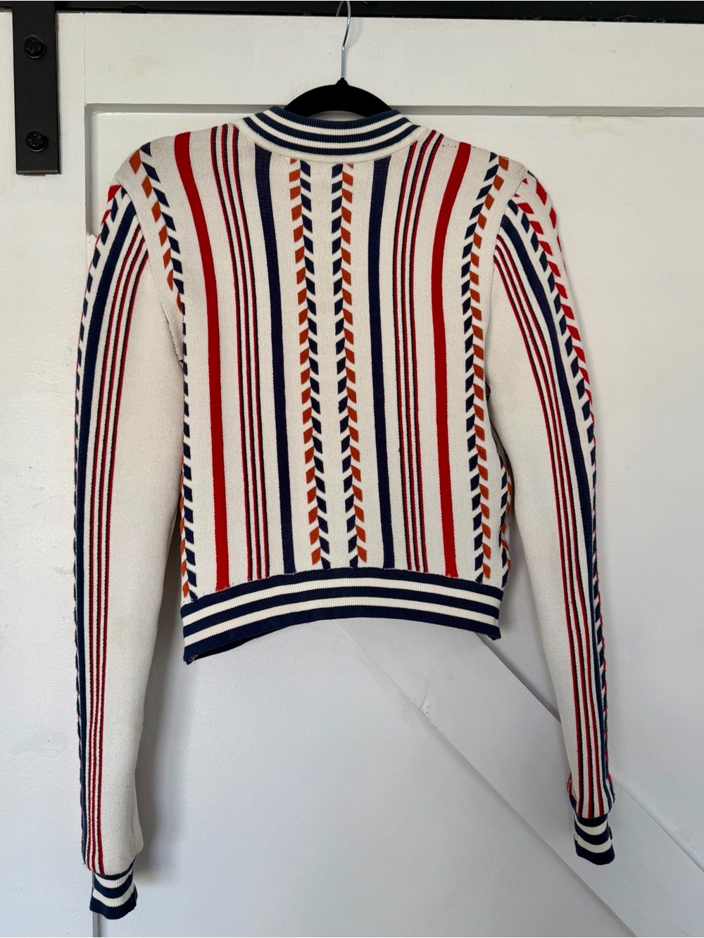 BCBGMaxAzria Red, Navy & Cream Striped Knit Crop bomber style jacket
